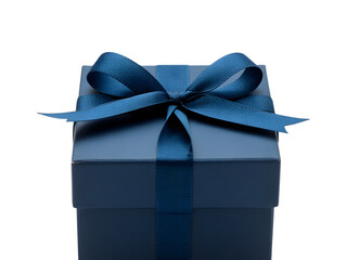 Elegant blue gift box with ribbon and bow isolated on transparent background
