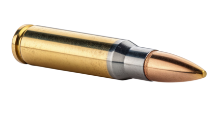 PNG of Close-up of a metallic bullet cartridge, showcasing its shiny brass casing and pointed lead tip.