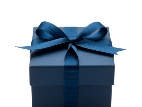 Elegant blue gift box with ribbon and bow isolated on transparent background