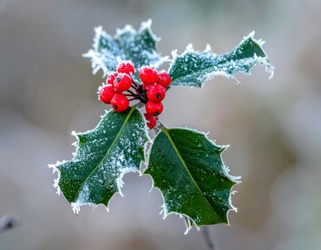 A close-up of vibrant red holly berries and frosted green leaves on a cold winter day