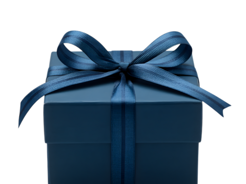 Elegant blue gift box with ribbon bow isolated on transparent background - Powered by Adobe