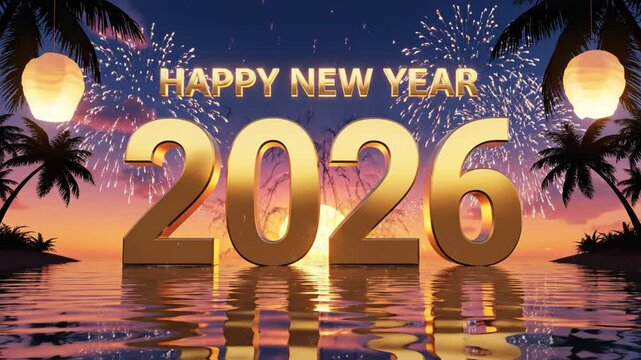 Happy new year 2026 celebration on tropical beach with fireworks display
