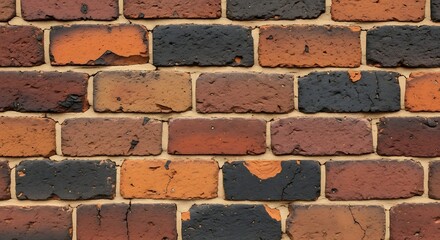 Close up of weathered brick wall texture showing various colors and patterns