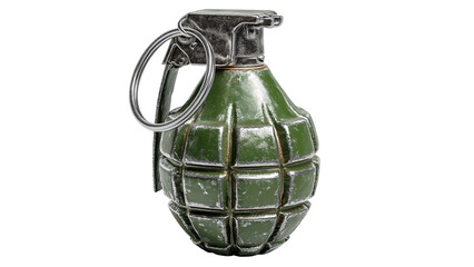 Fototapeta premium PNG of A metallic green hand grenade captured from a side angle, showcasing intricate details and textures.