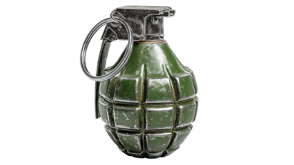 PNG of A metallic green hand grenade captured from a side angle, showcasing intricate details and textures.