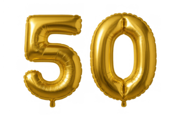 Golden number 50 balloons floating, representing fiftieth anniversary, birthday, milestone, or success celebration on transparent background