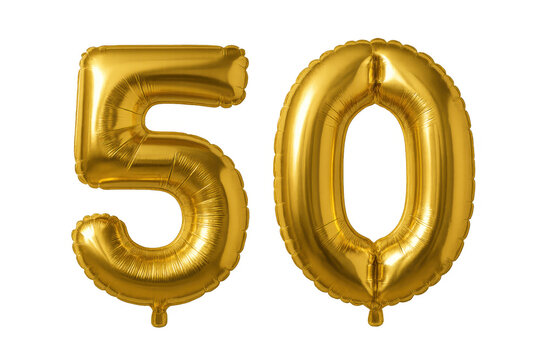 Golden number 50 balloons floating, representing fiftieth anniversary, birthday, milestone, or success celebration on transparent background