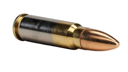 Fototapeta premium PNG of Close-up of a metallic bullet cartridge showcasing its polished surface and pointed tip.