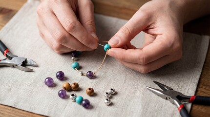 Hands of a woman crafting a beautiful beaded necklace with colorful stones and tools on a soft fabric surface, showcasing the art of DIY jewelry making
