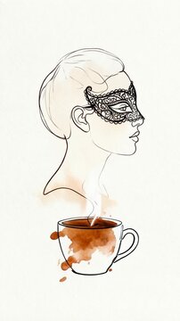 Self-drawing line art animation of a woman in a carnival mask and a hot coffee cup appearing on a white background, symbolizing morning preparation for Mardi Gras celebration.