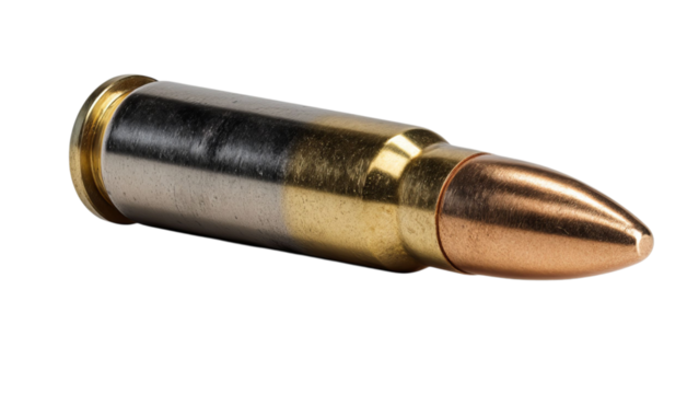 PNG of Close-up of a metallic bullet cartridge showcasing its polished surface and pointed tip.