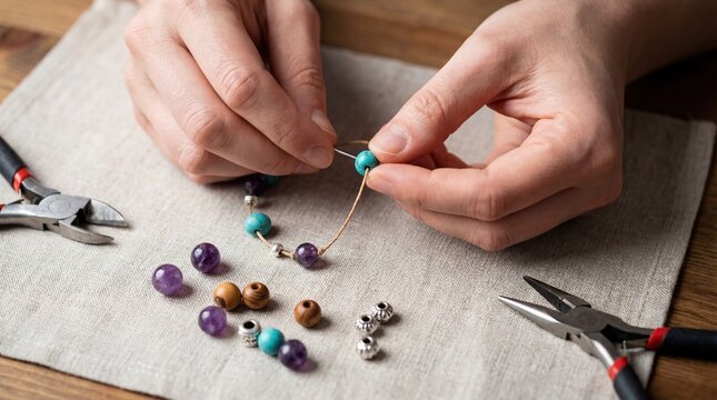 Hands of a woman crafting a beautiful beaded necklace with colorful stones and tools on a soft fabric surface, showcasing the art of DIY jewelry making
