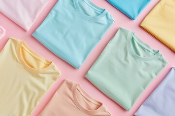 Assortment of neatly folded crew neck garments displayed across a pastel background
