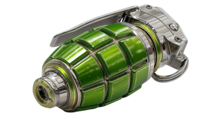 PNG of A detailed view of a bright green grenade, showcasing its shiny metallic components and segmented design.