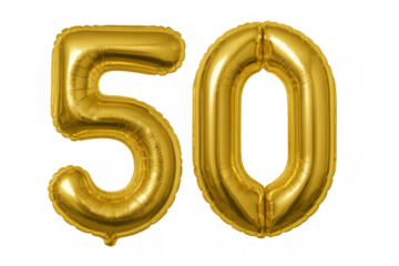 Golden number 50 foil balloon for celebrating 50th birthday, anniversary, or a special milestone event