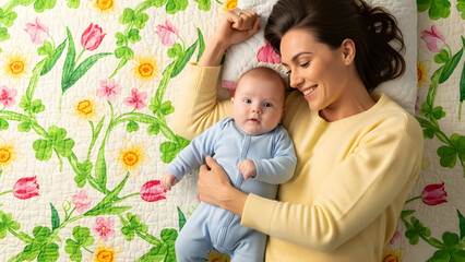 Mother and Baby Bonding on Floral Quilt, Lifestyle, Indoor Studio, Overhead View, Minimalist Concept