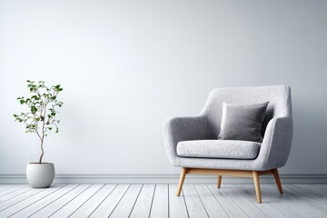 Fototapeta premium Minimalist interior space features a contemporary armchair beside a potted houseplant