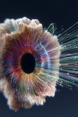 Abstract representation of an organic structure resembles an iris radiating streams of colorful light fibers