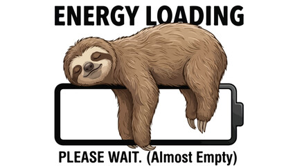 Obraz premium Sloth Resting on Battery Symbol with Energy Loading Message.