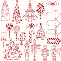 Christmas collection of sweets, candies, lollipops, Christmas tree with desserts, cute nutcracker, vector art