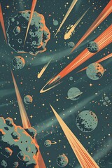 Dynamic celestial scene depicts numerous meteors and asteroids traversing a star-filled cosmos