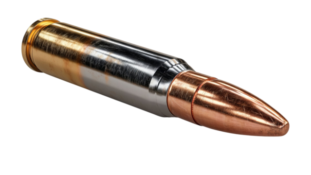 PNG of Close-up of a metallic bullet cartridge, showcasing intricate details of its design and materials.
