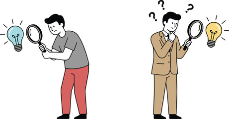 Illustration showing two different men, one casual and one formal, holding magnifying glasses and looking intently at glowing light bulbs, symbolizing idea searching,