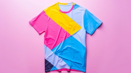 Colorful geometric patterned short sleeve apparel item displayed on a solid pink background
