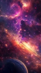 Vibrant cosmic nebula illuminates the vast expanse surrounding a celestial body