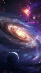 Majestic spiral galaxy illuminates the deep outer space featuring distant planets and glowing nebulae