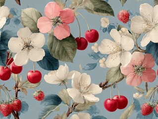 Delicate and romantic seamless pattern with cute flowers and tiny fruits like strawberries and cherries, soft pastel colors