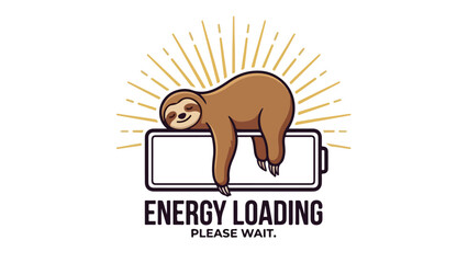 Obraz premium Lazy sloth resting on a battery energy loading please wait.