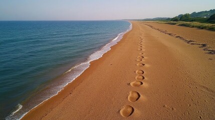 Footprints on a sandy beach leading to the ocean.