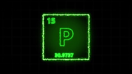 Phosphorus - periodic table element symbol hologram, chemical element Periodic Table, atomic weight element number ,glowing on black background in 4K.By Firoz_Stock