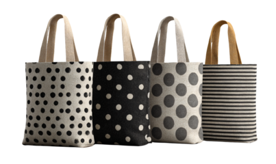 Stylish reusable shopping bags with polka dots on transparent background