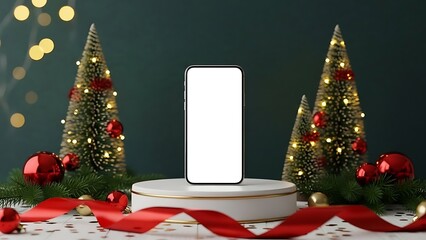 Modern smartphone with blank white screen displayed on a pedestal surrounded by festive christmas trees and red ribbon