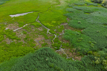 Aerial view of the Nysa Klodzka River and Otmuchow Lake in the Polish village of Otmuchow, calm water and rural natural landscape captured from drone perspective on a bright clear day