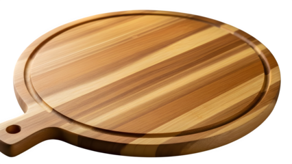 Round wooden cutting board with handle on a black background for food prep