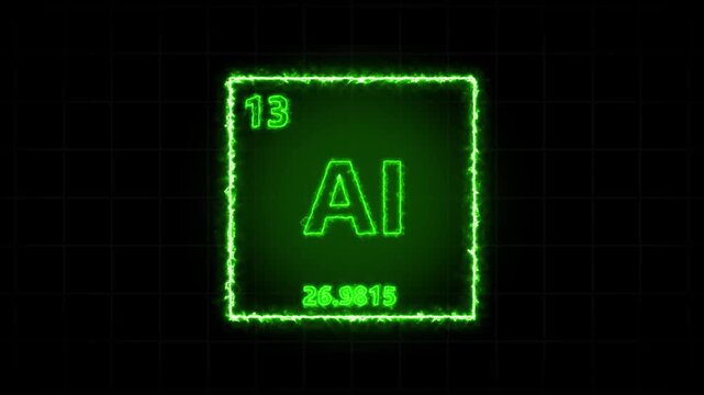 Aluminium - periodic table element symbol hologram, chemical element Periodic Table, atomic weight element number ,glowing on black background in 4K.