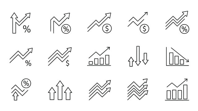 A collection of line icons representing financial growth and decline charts.