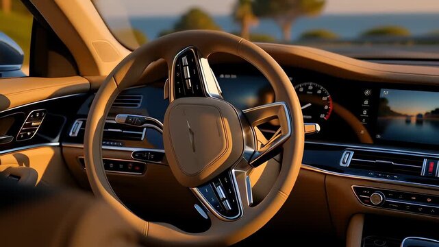 Luxury beige leather steering wheel turning inside a modern car cockpit during a golden sunset drive, illustrating autonomous transport concepts.