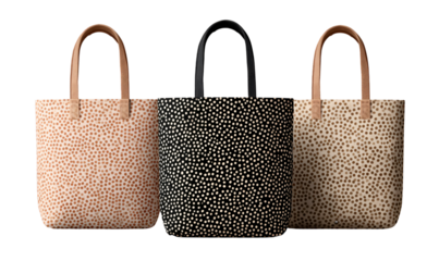 Three stylish tote bags with polka dot patterns on transparent background