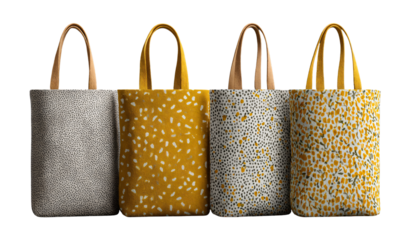 Four patterned tote bags on transparent background