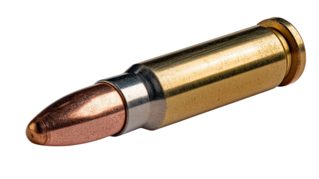 PNG of Close-up of a brass bullet cartridge, showcasing its metallic finish and detailed craftsmanship.