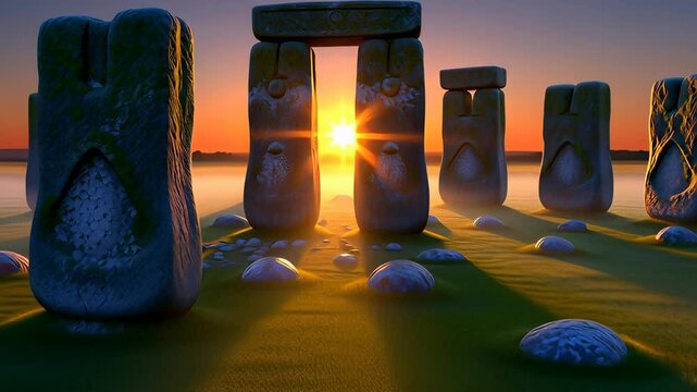 Stylized ancient standing stones illuminated by a golden summer solstice sunrise in a 3D animation, illustrating historical and spiritual concepts