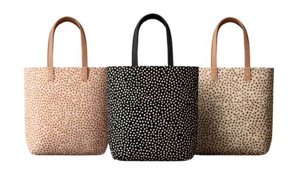 Three stylish tote bags with polka dot patterns on transparent background