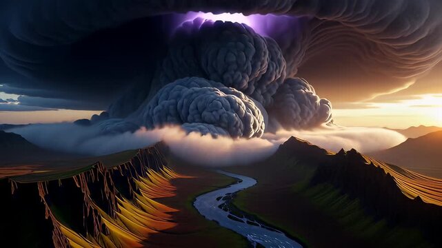 Massive ominous storm clouds forming a mushroom explosion shape over a mountain river landscape in a cinematic 3D illustration, representing apocalyptic weather concepts.