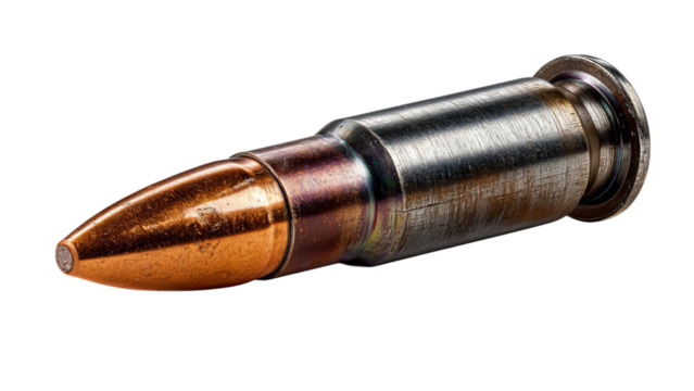 PNG of A close-up view of a shiny, copper-tipped bullet showcasing its sleek design and metallic finish.