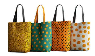 Colorful tote bags with polka dots on transparent background