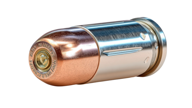 PNG of A close-up of a metallic bullet featuring a copper-plated tip, showcasing its shiny surface and intricate details.